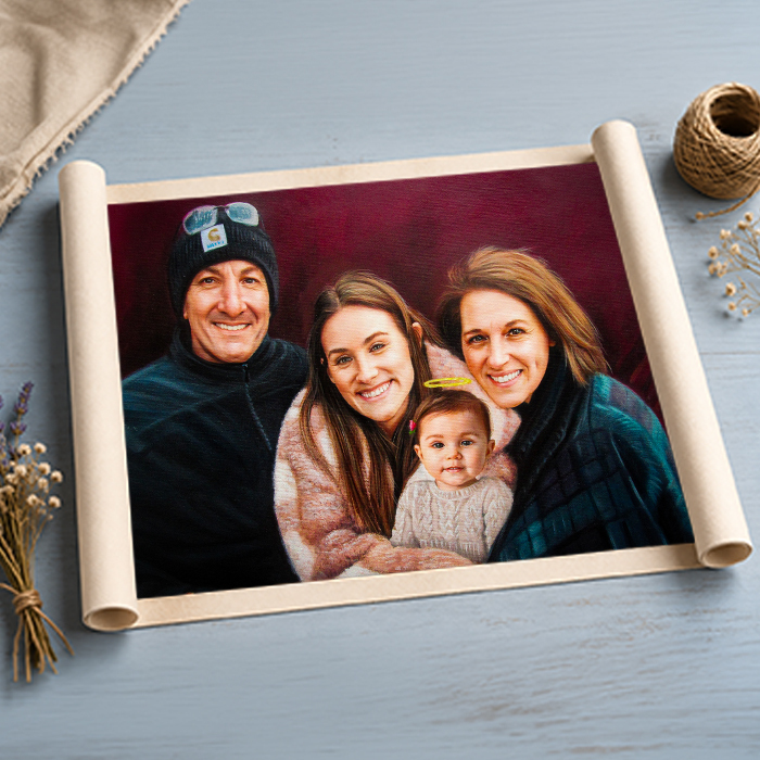 family portrait painting rolled in a shipping tube